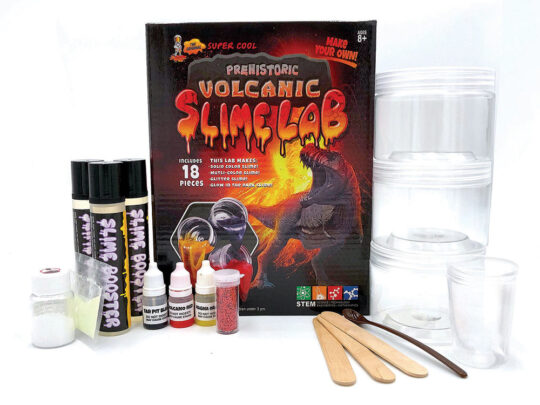 Super Cool Prehistoric  Volcanic Slime Lab - A dino-themed set yielding solid, multicolor, glitter 
and glow-in-the-
dark slimes.