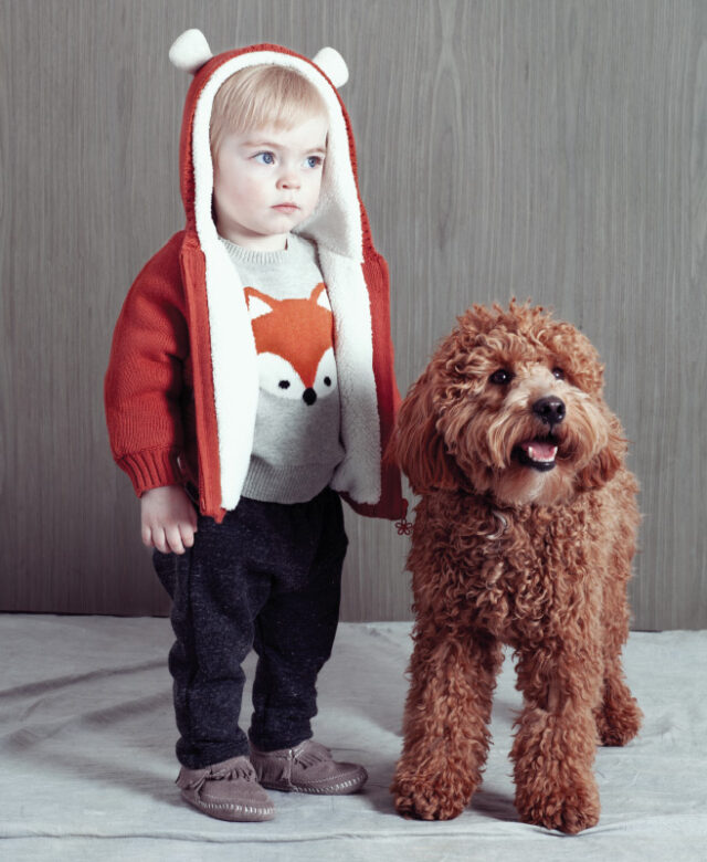 William wears fox sweater by Toobydoo, Boboli fox-eared hoodie, Joah Love joggers and moccasins by Minnetonka.