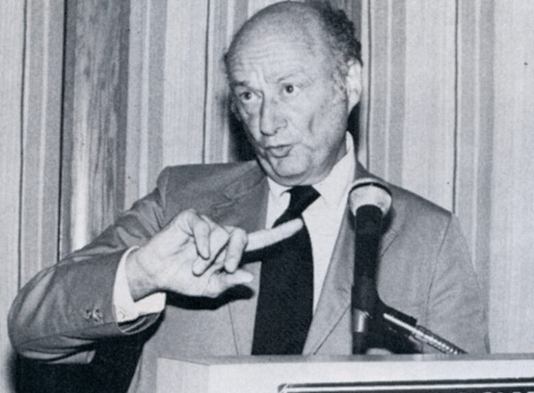 New York mayor Edward Koch gives speech during  awards dinner. 1981, Sept. issue
