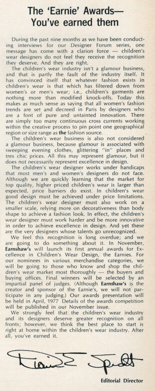 Announcement introducing the Earnie Awards, published in October 1976.
