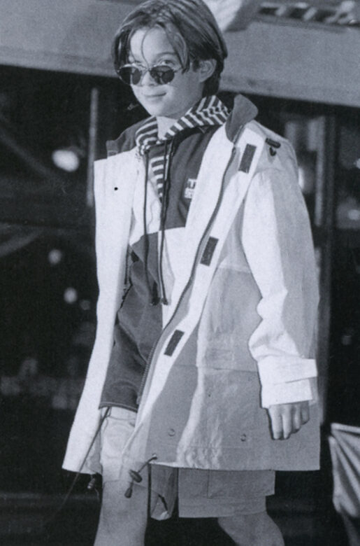 Model  showcases Earnie-winning collection by Tommy Hilfiger. 1995, Jan. issue