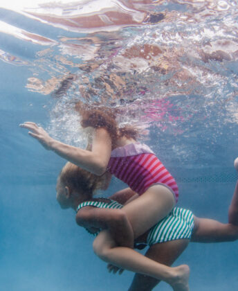 from top: Kate wears striped Marc Jacobs one-piece; Aurora wears Florence Eiseman tankini.
