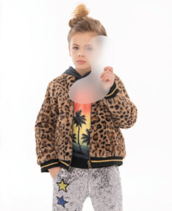 Sophia wears Andy & Evan leopard faux fur bomber jacket, 
Lola + the Boys palm tree hoodie and sequin pants.
