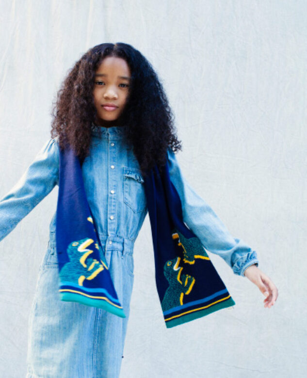Isabel wears Molo dress with Paul Smith Junior scarf.