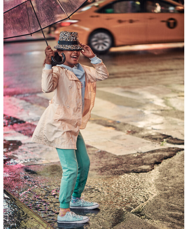 Jaelise wears Just Cavalli leopard print hat, Add jacket, Wildfox Kids hoodie, Scotch & Soda joggers, LittleMissMatched socks and Converse sneakers.