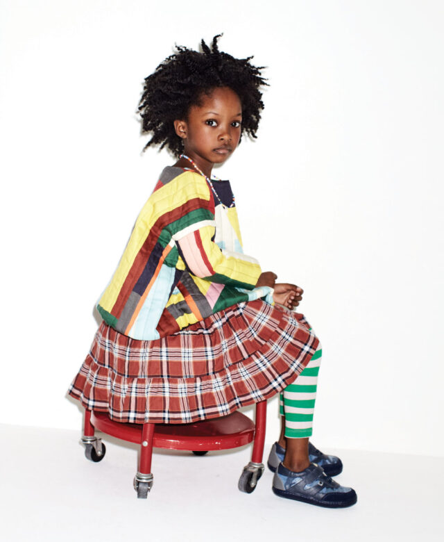 Mylah wears Tia Cibani Kids top, Kids on the Moon skirt, Nadadelazos leggings, Old Soles shoes and Little Miss Zoe necklace.