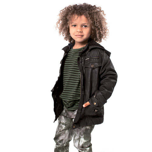 Esp No. 1 striped shirt and tie-dye jeans, Little Traveler coat