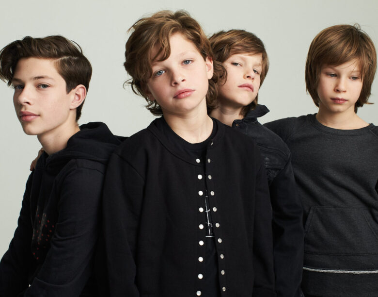 From left to right: Indy wears Lee hoodie; Navy wears On My Mind top under Agnes B. jacket; Sawyer wears Dl 1961 black denim jacket; Asher wears Appaman pullover.