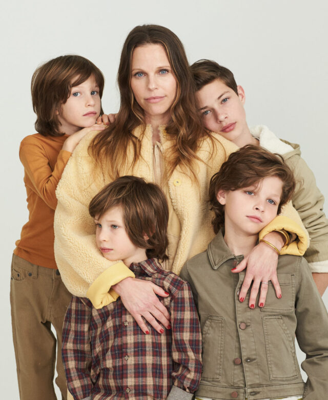 Clockwise: Stephanie wears Greige top with Rebecca Minkoff coat; Indy wears Weatherproof Vintage jacket; Asher wears Me & Henry plaid shirt; Sawyer wears Oeuf turtleneck and Levi’s pants; Navy wears DL1961 jacket.